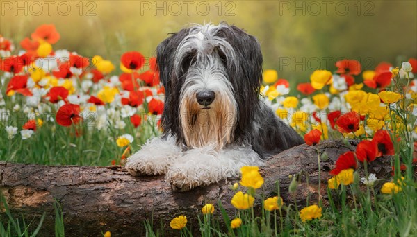 Ai generated, animal, animals, mammal, mammals, a, single animal, bobtail, (Canis lupus familiaris), dog, dogs, bitch, dog breed from England, a single animal, lies on a tree trunk, portrait, freontal