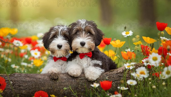 KI generated, animal, animals, mammal, mammals, one, single animal, bobtail, (Canis lupus familiaris), dog, dogs, bitch, dog breed from England, two puppies lying on a tree trunk in a flower meadow