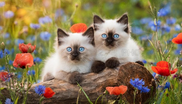 KI generated, animal, animals, mammal, mammals, cat, felidae (Felis catus), two kittens lying in a green meadow with flowers