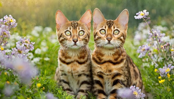 KI generated, animal, animals, mammal, mammals, cat, felidae (Felis catus), two kittens sitting in a flower meadow, kittens, animal children