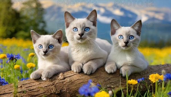 KI generated, animal, animals, mammal, mammals, cat, felidae (Felis catus), three cats resting on a tree, flower meadow