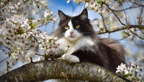 AI generated, animal, animals, mammal, mammals, cat, felidae (Felis catus), a black and white American Forest Cat, resting in a tree, tree blossom, fruit tree