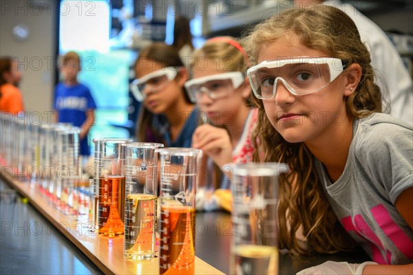 Pupils experimenting in a classroom with safety goggles, chemistry lessons, AI generated, AI generated, AI generated