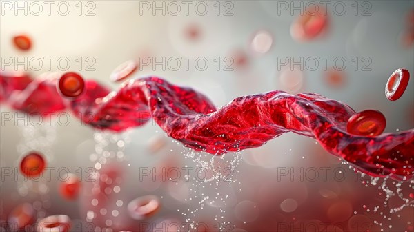 Red blood cells and a twisting DNA strand in a dynamic microscopic scene, ai generated, AI generated