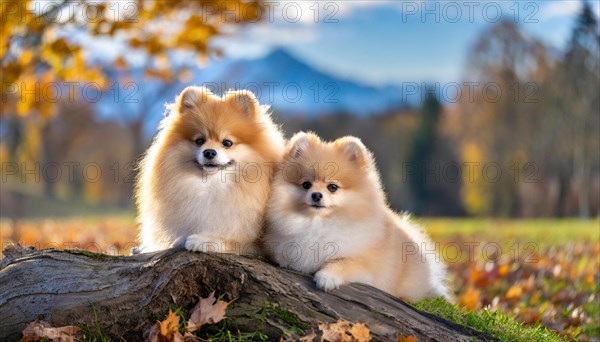 KI generated, animal, animals, mammal, mammals, one, single animal, dwarf spitz, Spitz, (Canis lupus familiaris), dog, dogs, bitch, Pomeranians, two young animals lying on a tree trunk, autumn