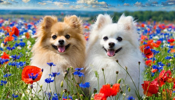 KI generated, animal, animals, mammal, mammals, dwarf spitz, Spitz, (Canis lupus familiaris), dog, dogs, bitch, Pomeranians, two animals lying in a meadow with poppies and cornflowers