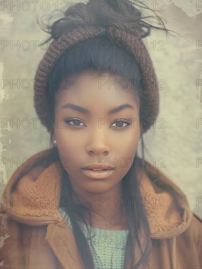 Portrait of a young woman wearing winter clothing and a knit cap, soft focus on her brown eyes, AI generated