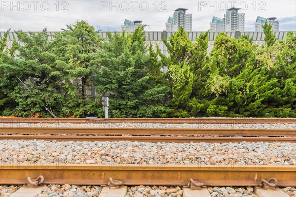 Railway tracks surrounded by green trees with an urban skyline and overcast sky in the background, in South Korea