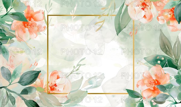 Thin golden frame on watercolor background, space for text AI generated