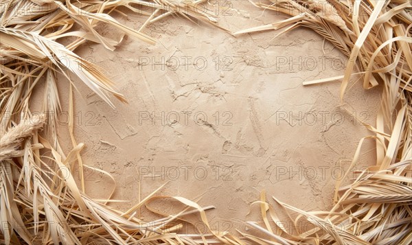 Delicate dry grass frame on minimalistic flat background, space for text AI generated