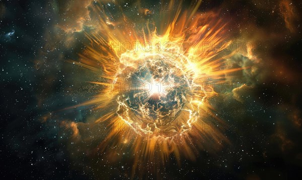 A vibrant digital artwork of a cosmic explosion with intense orange and yellow colors AI generated