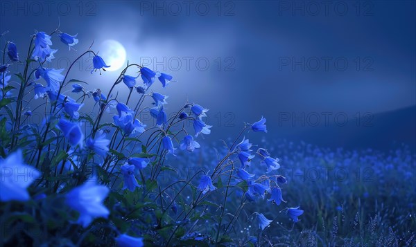 Bellflowers in a meadow under the moonlight, closeup view AI generated