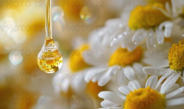 Chamomile essential oil droplets on chamomile flowers, nature beauty background AI generated