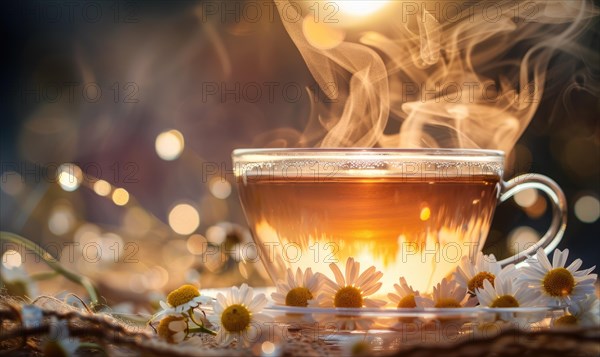 Chamomile tea cup with steam rising, closeup view of herbal tea AI generated