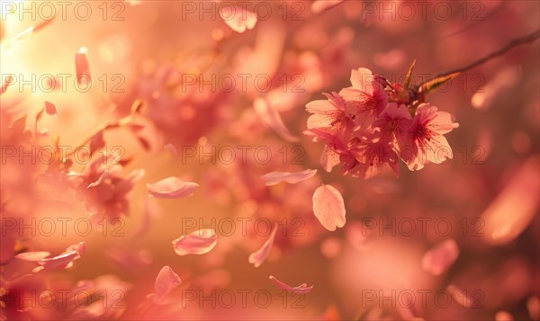 Cherry blossom petals in the breeze, floral background, soft focus, blurred background AI generated