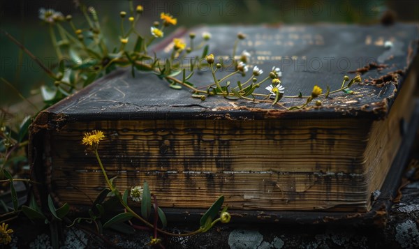 Close-up of a weathered old book with wildflowers growing from its spine AI generated