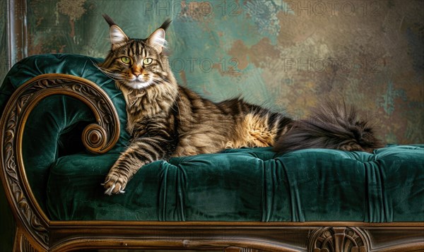 Maine Coon cat posing elegantly on a velvet chaise lounge AI generated