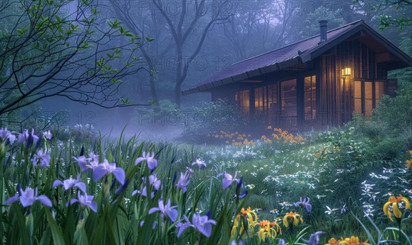 Morning mist enveloping a contemporary wooden cabin hidden deep within a spring garden filled with blooming irises and lilies AI generated