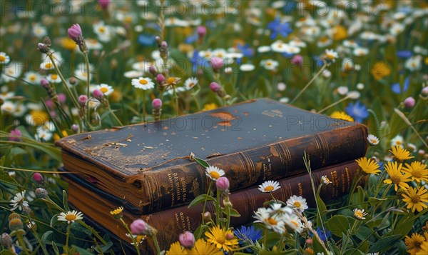 Old book lying on a grassy knoll surrounded by wildflowers AI generated