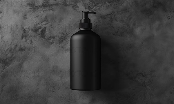 Studio shot of a matte black glass bottle mockup showcasing a product, minimalist branding AI generated