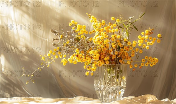 Bouquet of blooming Mimosa branches in glass vase AI generated