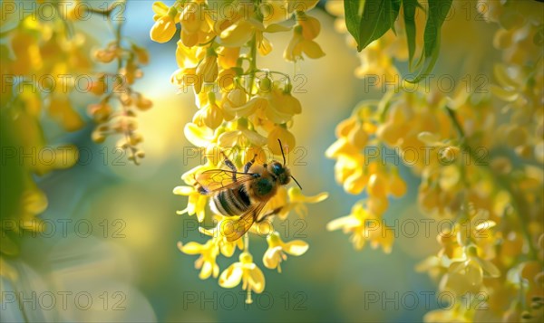 Close-up of a bee collecting nectar from laburnum flowers AI generated