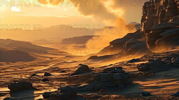 Patagonian desert landscape with powerful wind shaping landforms isolated rock formations, AI generated