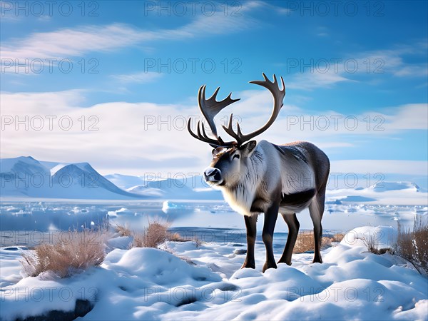 Reindeer grazing svalbards iceberg strewn tundra, AI generated