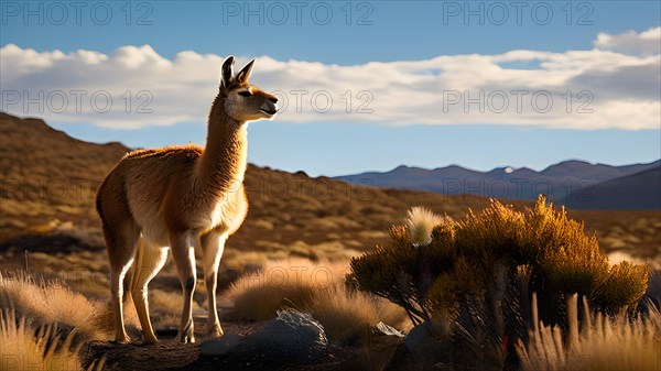 Guanaco standing on a solitary hill in the patagonian deserts sparsely vegetated landscape, AI generated