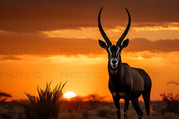 Gemsbok silhouette towering with a polemic accentuation of horns piercing through the orange dome of sun in the Kalahari, AI generated