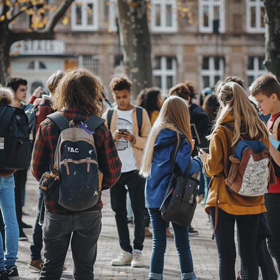 Pupils with rucksacks are standing outside on a school campus and talking, AI generates, AI generated