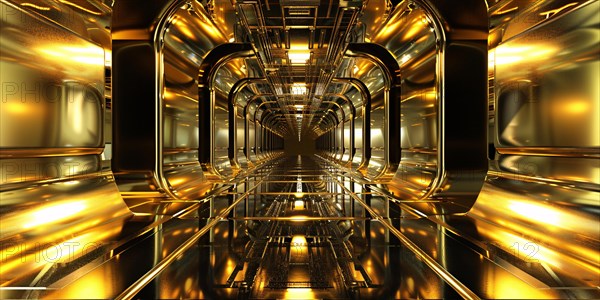 Futuristic golden hallway room. KI generiert, generiert, AI generated