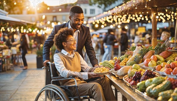 A smiling couple at a bustling fruit stand, with one partner in a wheelchair, sharing a moment, AI generated