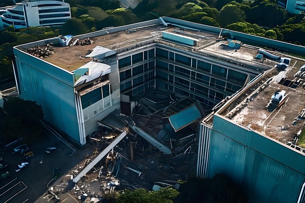 Neglected hospital section with collapsed roof elements, AI generated, hospital, damage, abandoned, ruin, decrepit