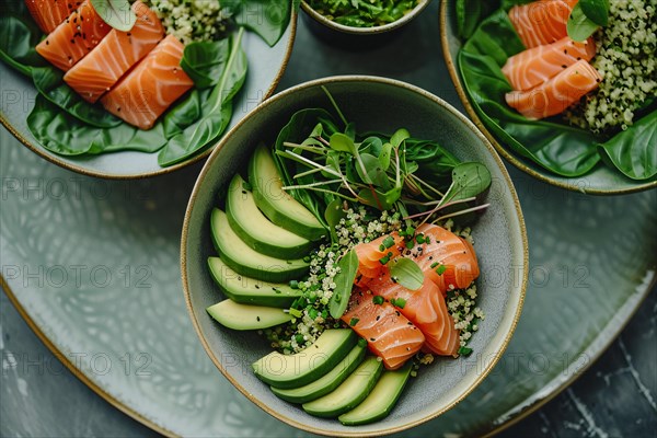 A top-down view of a refreshing bowl with raw salmon, avocado, and garnished with green leaves, AI generated