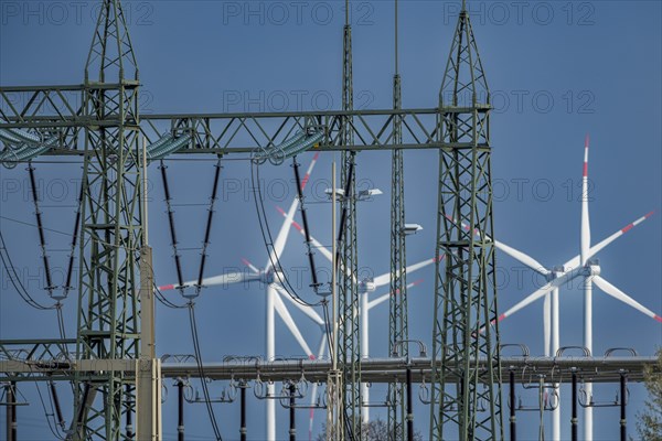 Stendal West substation with wind turbines in the background near Luederitz, Stendal, Saxony-Anhalt, Germany, Europe