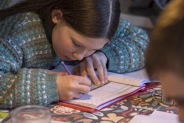 Girl, 10 years old, doing schoolwork, Mecklenburg-Western Pomerania, Germany, Europe