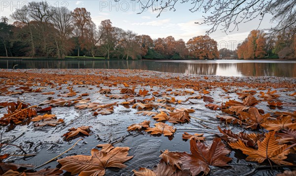 The lake covered of fallen leaves, nature background AI generated