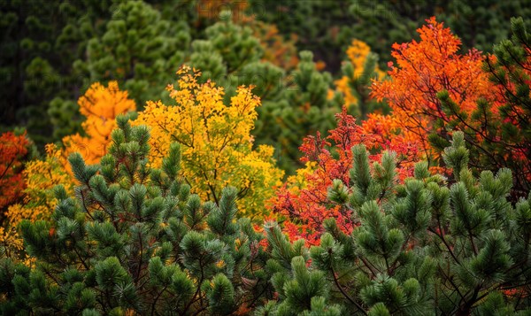 The vibrant colors of autumn foliage contrasting with the deep green of pine trees in a forest, autumn forest background AI generated