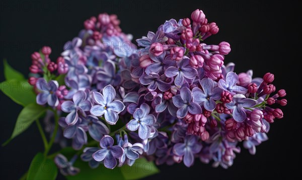 Lilac branch on black background, closeup view AI generated