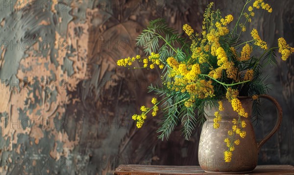 A close-up shot of Mimosa branches arranged in a vintage pitcher AI generated