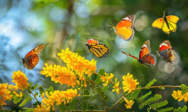 A group of butterflies fluttering around a cluster of Mimosa flowers AI generated