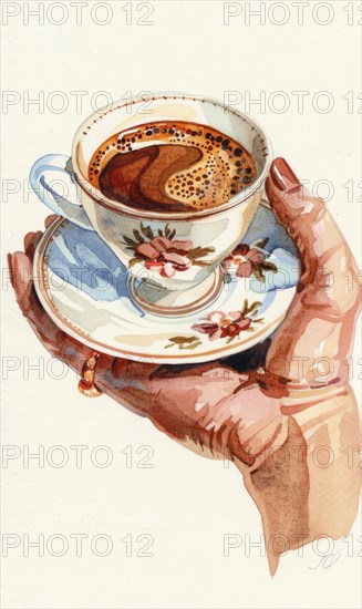 A hand holding a cup of coffee with a floral design on the saucer. Concept of warmth and comfort, as the person is holding the cup close to their body AI generated