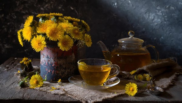 Metal teapot with a bunch of coltsfoot next to a teacup and glass teapot on a table, coltsfoot tea, medicinal plant coltsfoot, Tussilago farfara, KI generated, AI generated