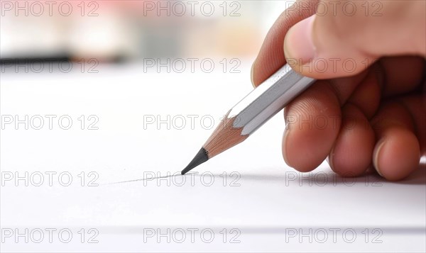 A hand holding a graphite pencil poised over a blank sheet of white paper AI generated