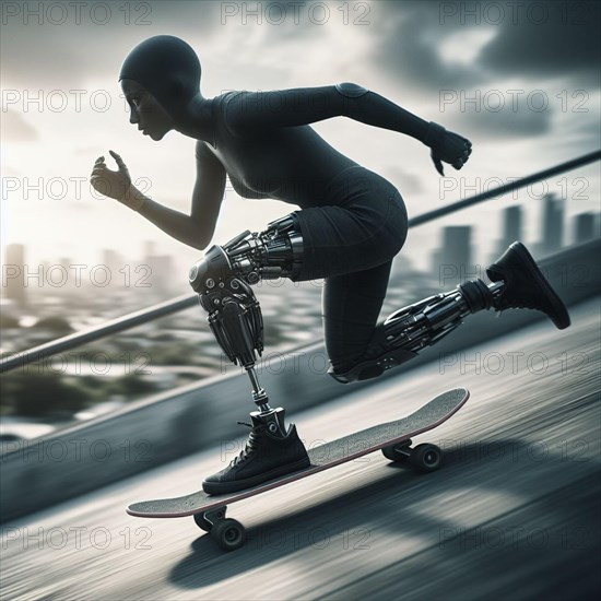 Futuristic female figure with a prosthetic leg running at speed with clean lines and urban backdrop, AI generated