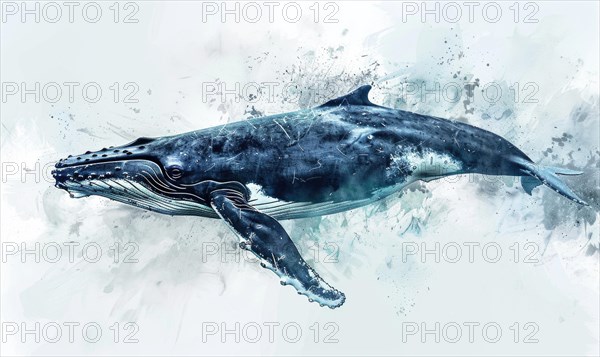 Watercolor illustration of a humpback whale in the ocean AI generated