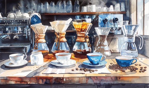 Watercolor illustration of a coffee shop scene with various coffee-related items like cups AI generated