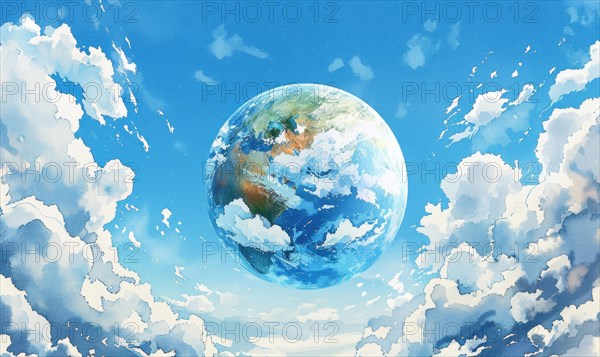 Watercolor illustration of the Earth globe with fluffy clouds against a clear blue sky AI generated