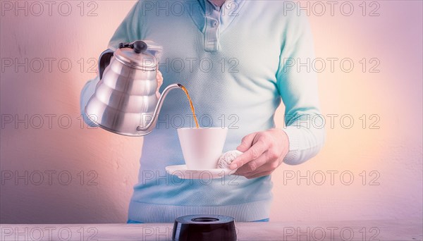 A man in a pastel sweater manually brewing coffee by pouring from a kettle into a ceramic cup, horizontal, AI generated